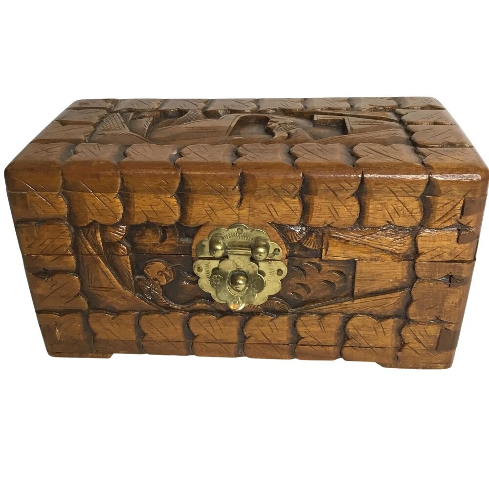 VTG Hand Carved Chinese Camphor Wood Chest Figural Relief Brass Latch Box 8 x 4